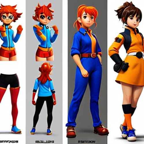 Home 18 Character Design Portfolio Showcase**
Prompt: A character design portfolio, vibrant and eye-catching, featuring diverse characters in dynamic poses. Showcasing a variety of styles (cartoonish, semi-realistic, anime), and techniques (illustration, 3D). Digital painting, clean presentation, professional layout, attracting recruiters.
**