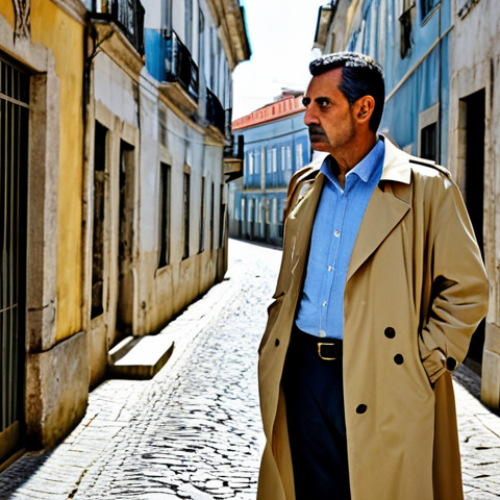 A thoughtful, mature male private detective, of Portuguese descent, standing in a narrow, historic cobblestone alley in Lisbon. He is fully clothed in a modest, classic trench coat over a professional shirt and trousers, appropriate attire for a private investigator. His posture suggests deep thought, a natural pose, with a slight, almost imperceptible frown of concentration. Traditional Portuguese tiled buildings are subtly visible in the soft background. fully clothed, modest clothing, appropriate attire, professional dress, safe for work, appropriate content, family-friendly, perfect anatomy, correct proportions, natural body proportions, well-formed hands, proper finger count, cinematic portrait, professional photography, natural lighting, realistic details, high resolution, detailed face, expressive eyes.
