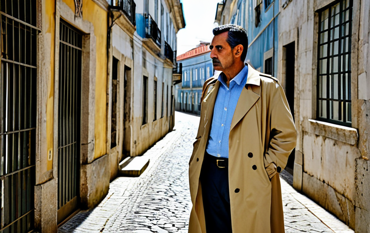 A thoughtful, mature male private detective, of Portuguese descent, standing in a narrow, historic cobblestone alley in Lisbon. He is fully clothed in a modest, classic trench coat over a professional shirt and trousers, appropriate attire for a private investigator. His posture suggests deep thought, a natural pose, with a slight, almost imperceptible frown of concentration. Traditional Portuguese tiled buildings are subtly visible in the soft background. fully clothed, modest clothing, appropriate attire, professional dress, safe for work, appropriate content, family-friendly, perfect anatomy, correct proportions, natural body proportions, well-formed hands, proper finger count, cinematic portrait, professional photography, natural lighting, realistic details, high resolution, detailed face, expressive eyes.