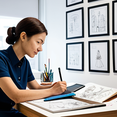 A focused professional character designer, an adult woman, modestly dressed in a smart casual outfit, sitting at a clean, organized desk in a brightly lit, modern studio. The desk is surrounded by various stages of character design: a digital tablet displaying a detailed character concept, physical sketchbooks open to initial rough sketches, and a physical mood board on the wall displaying research images and visual references like cultural costumes and architectural elements. The scene emphasizes the creative process and the journey from idea to finished art. Natural pose, perfect anatomy, well-formed hands, correct proportions, proper finger count. Professional photography, high quality, studio lighting, fully clothed, appropriate attire, safe for work, appropriate content, professional, modest.