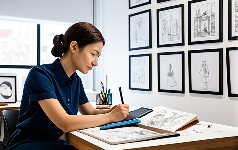 A focused professional character designer, an adult woman, modestly dressed in a smart casual outfit, sitting at a clean, organized desk in a brightly lit, modern studio. The desk is surrounded by various stages of character design: a digital tablet displaying a detailed character concept, physical sketchbooks open to initial rough sketches, and a physical mood board on the wall displaying research images and visual references like cultural costumes and architectural elements. The scene emphasizes the creative process and the journey from idea to finished art. Natural pose, perfect anatomy, well-formed hands, correct proportions, proper finger count. Professional photography, high quality, studio lighting, fully clothed, appropriate attire, safe for work, appropriate content, professional, modest.