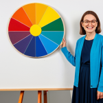 Color Wheel & Character**

"A friendly and approachable artist character, fully clothed in modest attire, standing next to a large, vibrant color wheel, demonstrating analogous and complementary color pairings with painted swatches. The background is a bright, clean art studio. Safe for work, appropriate content, perfect anatomy, professional illustration, high quality."

**