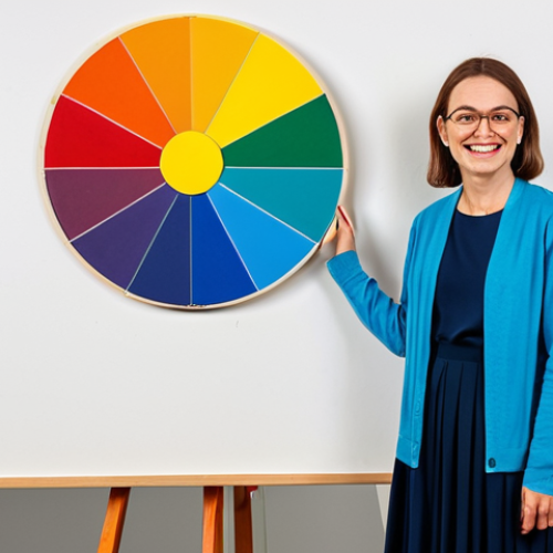 Color Wheel & Character**

"A friendly and approachable artist character, fully clothed in modest attire, standing next to a large, vibrant color wheel, demonstrating analogous and complementary color pairings with painted swatches. The background is a bright, clean art studio. Safe for work, appropriate content, perfect anatomy, professional illustration, high quality."

**