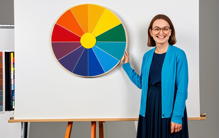 Color Wheel & Character**

"A friendly and approachable artist character, fully clothed in modest attire, standing next to a large, vibrant color wheel, demonstrating analogous and complementary color pairings with painted swatches. The background is a bright, clean art studio. Safe for work, appropriate content, perfect anatomy, professional illustration, high quality."

**
