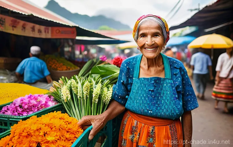 캐릭터 디자인에서 창의력 키우는 법 - **Prompt 1: The Resilient Flower Merchant**
A portrait of an elderly Brazilian woman, a flower m...