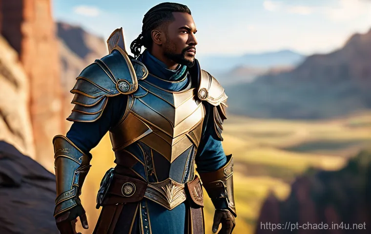 캐릭터 디자인의 학문적 발전 사례 - A courageous hero, male, standing confidently with a determined yet compassionate expression. He wea...