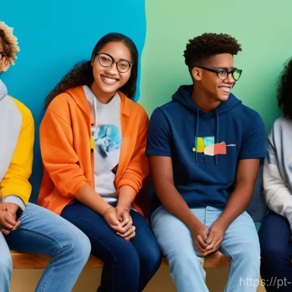 캐릭터 디자인의 사회적 역할과 책임 - **Prompt:** A vibrant, diverse group of young adults and teenagers, dressed in comfortable and modes...