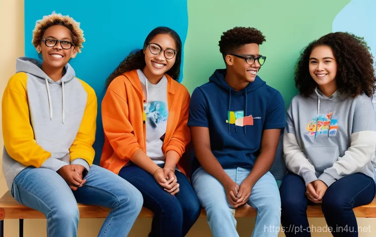 캐릭터 디자인의 사회적 역할과 책임 - **Prompt:** A vibrant, diverse group of young adults and teenagers, dressed in comfortable and modes...