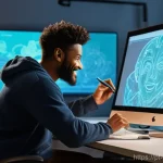 캐릭터 디자인 관련 프로젝트와 협업 사례 - A vibrant, brightly lit creative studio space. A diverse team of five character designers, a screenw...