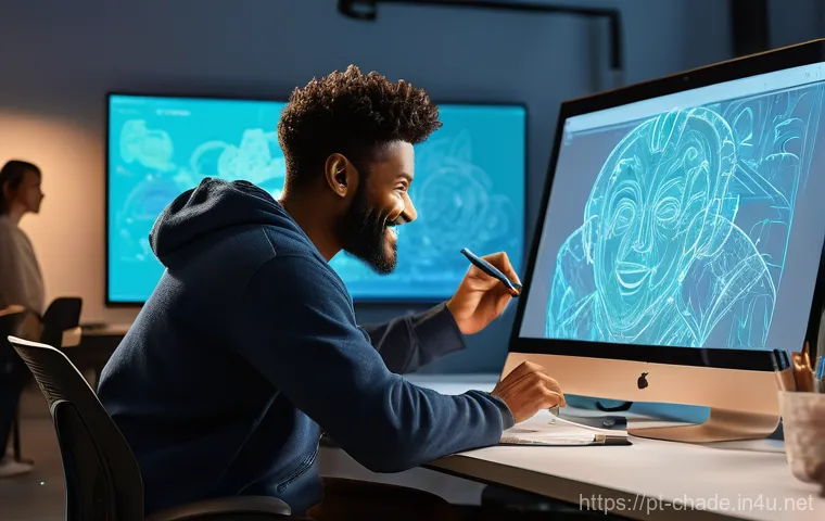 캐릭터 디자인 관련 프로젝트와 협업 사례 - A vibrant, brightly lit creative studio space. A diverse team of five character designers, a screenw...