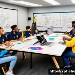 캐릭터 디자인 워크샵 팀 구성 노하우 - **Prompt:** A vibrant, high-energy character design workshop in a modern, spacious studio. A diverse...