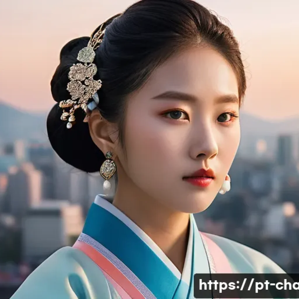 캐릭터 디자인의 글로벌 학술적 연구 동향 - A multicultural young woman wearing traditional yet modernized South Korean hanbok-inspired attire, ...