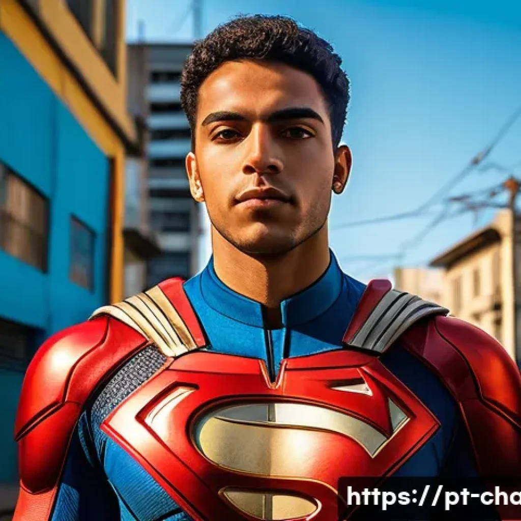 캐릭터 디자인 관련 프로젝트와 관련된 사례 연구 - A confident young Brazilian superhero standing tall in an urban São Paulo setting, wearing vibrant c...