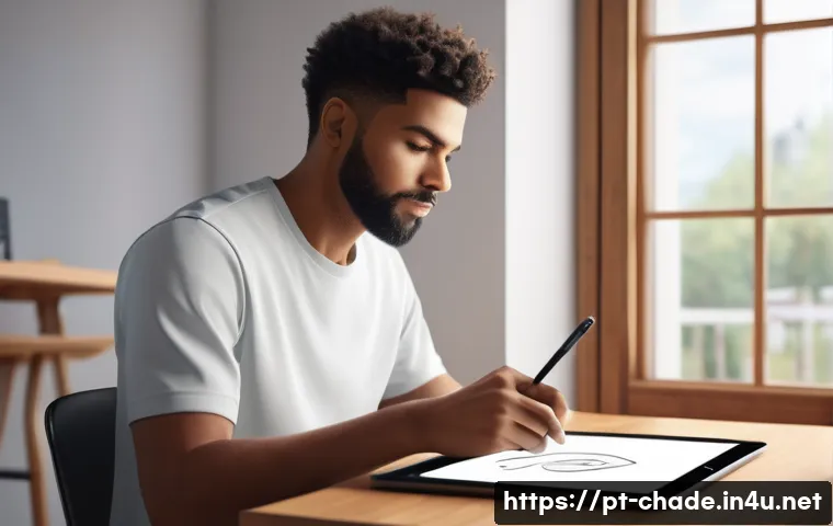 캐릭터 디자인 실무에서 자주 쓰이는 툴 - A digital artist sketching a character with a stylus on a modern tablet, showcasing natural pencil-l...