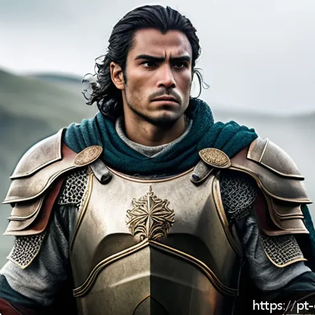 캐릭터 디자인 포트폴리오 퀄리티 업그레이드 - A courageous fantasy warrior character standing confidently in a worn, detailed armor with visible b...