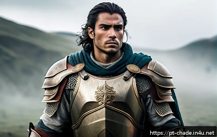 캐릭터 디자인 포트폴리오 퀄리티 업그레이드 - A courageous fantasy warrior character standing confidently in a worn, detailed armor with visible b...