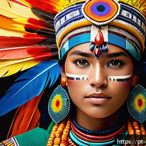 캐릭터 디자인 프로젝트의 문화적 표현 - A vibrant character inspired by Brazilian indigenous culture, wearing traditional colorful clothing ...