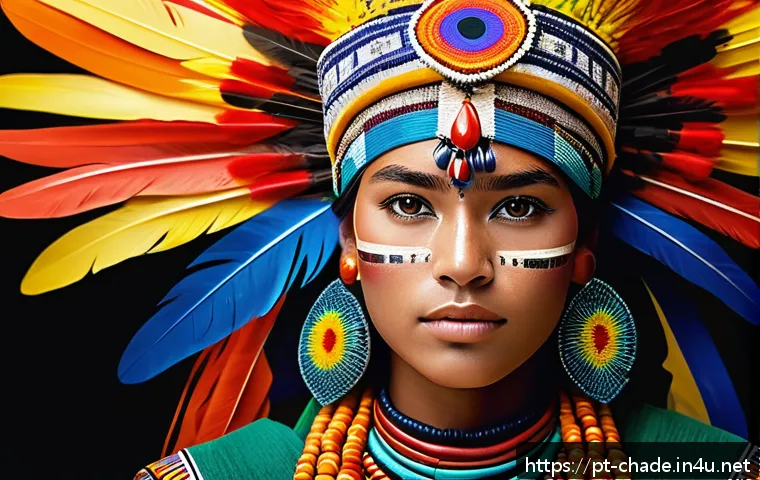 캐릭터 디자인 프로젝트의 문화적 표현 - A vibrant character inspired by Brazilian indigenous culture, wearing traditional colorful clothing ...