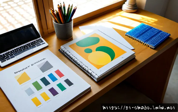 Home 17 캐릭터 디자인 포트폴리오 구성법 - Photorealistic overhead view of a Brazilian character designer’s tidy studio desk, open portfolio bo...